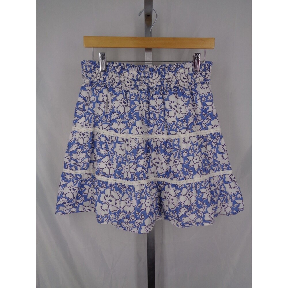 J Crew Blue Floral Tiered Mini Skirt Sz Medium Boho Prairie Cottagecore Smocked